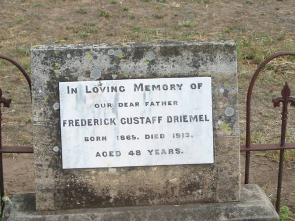 Frederick Gustaff DRIEMEL,  | father,  | born 1865,  | died 1913 aged 48 years;  | Warra cemetery, Wambo Shire  | 