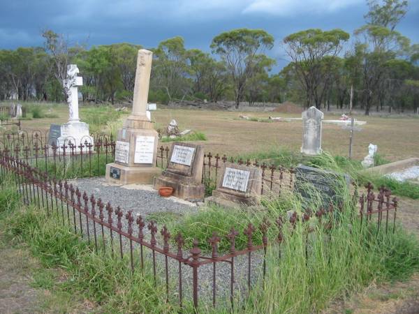 Mary Josephine O'NEILL,  | 1877 - 1945;  | James O'NEILL,  | died  Lilymere  3 Oct 1942 aged 90 years;  | Frances Hardy O'NEILL,  | died Lilymere 26 Sept 1934 aged 79 years;  | James Bointon O'NEILL,  | died 11 May 1905 aged 25 years;  | Francis Thomas O'NEILL,  | 1883 - 1951;  | Walter Hudson O'NEILL,  | 1896 - 1952;  | aunts;  | Jessie Ellen Agnes O'NEILL,  | died 10 Nov 1962 aged 78 years;  | Daisy Isobel O'NEILL,  | died 13 May 1964 aged 73 years;  | Evelyn Ellen O'NEILL,  | mother,  | died 26 April 1973 aged 87 years;  | Warra cemetery, Wambo Shire  |   | 