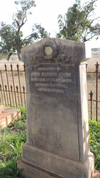 John Donald CLOW  | d: at Westbrook 25 Jan 1868 aged 25  |   | Westbrook cemetery, Toowoomba region  |   | 