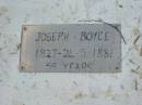 
Sarah (wife of) Joseph BOYCE
9 Feb 1883, aged 63

Joseph BOYCE
b: 1827 -
d: 24 May 1886, aged 59

Wivenhoe Pocket General Cemetery

