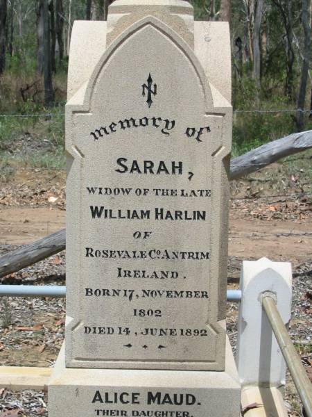 Robert VERNOR  | b: Edinburgh 30 Jan 1837,  | d: Cluen 2 Oct 1920  |   | (wife) Sara Harlin VERNOR  | b: 25 Aug 1842  | d: 16 May 1926  |   | Sarah (widow of late) William HARLIN  | of Rosevale Co Antrim, Ireland  | b: 17 Nov 1802  | d: 14 Jun 1892  |   | (daughter) Alice Maud (HARLIN)  | b: 15 Jun 1873  | d: 24 Jun 1949  |   | James VERNOR  | b: Edinburgh, 21 Jun 1847  | d: Cluen 28 May 1915  |   | Captain and Mrs Robert Vernor's children  | William VERNOR  | Alice VERNOR  | Charlotte DAVIDSON  | Evelyn McWHINNEY  | Mildred THOMSON  | grandchildren  | Vernor, Hazel and Patrick DAVIDSON  | Isobel McWHINNEY  |   | Alice Margaret JOHNSTON  | b: 10 Mar 1911 at Cluen, Wivenhoe Pocket  | d: 17 Aug 2001 at Toowoomba  | (husband) Raymond Charles JOHNSTON  | b: 18 Apr 1913 at Clermont  | d: 25 Nov 1999 at Toowoomba  |   | Wivenhoe Pocket General Cemetery  |   | 