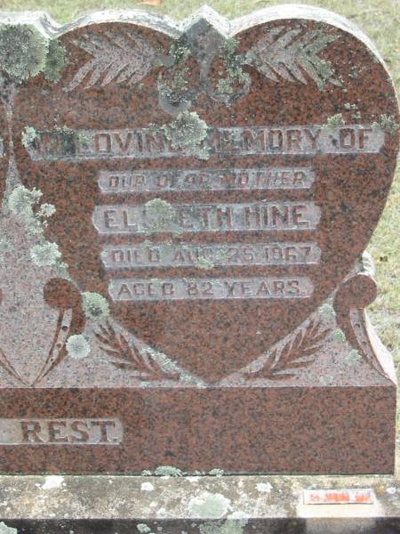 Francis W HINE  | 11 Sep 1951, aged 83  | Elspeth HINE  | 25 Aug 1967, aged 82  | Wivenhoe Pocket General Cemetery  |   | 