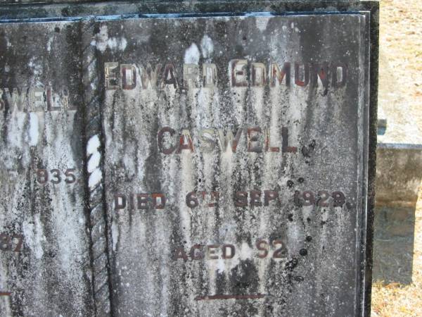 Tamar CASWELL  | 18 Jun 1935, aged 87  | Edward Edmund CASWELL  | 6 Sep 1929 aged 92  | Wonglepong cemetery, Beaudesert  | 