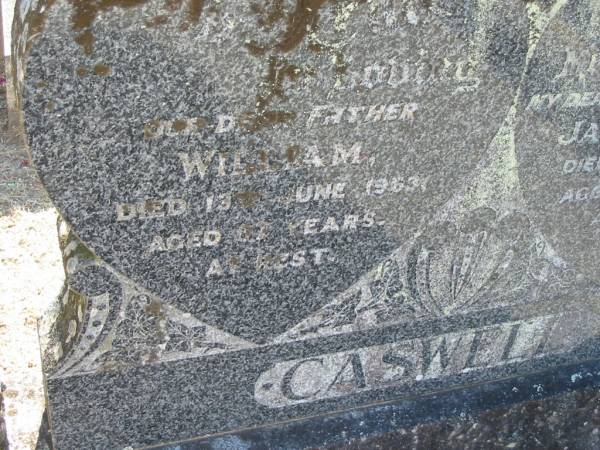 Jane Isabella CASWELL  | 11 May 1957, aged 86  | William CASWELL  | 13 Jun 1963, aged 87  | Wonglepong cemetery, Beaudesert  | 