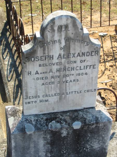 Joseph COLVIN  | 25 Apr 1897, aged 67  | (wife) Ann COLVIN  | 24 Apr 1931, aged 84  |   | Constance COLVIN  | 3 Jan 1965, aged 82  | (husband) Joseph COLVIN  | 15 May 1970, aged 88  |   | Samuel COLVIN  | 17 May 1914, aged 37  | Alexander COLVIN  | 22 Jul 1960, aged 87  | Elizabeth HEATHWOOD  | 2 Jan 1977, aged 92  |   | Beryl Aston HEATHWOOD  | 3 Nov 1915, aged 2 years 10 months  |   | Joseph Alexander HINCHCLIFFE  | (son of H A and A HINCHCLIFFE  | 20 Nov 1904, aged 3 years  |   | Wonglepong cemetery, Beaudesert  | 