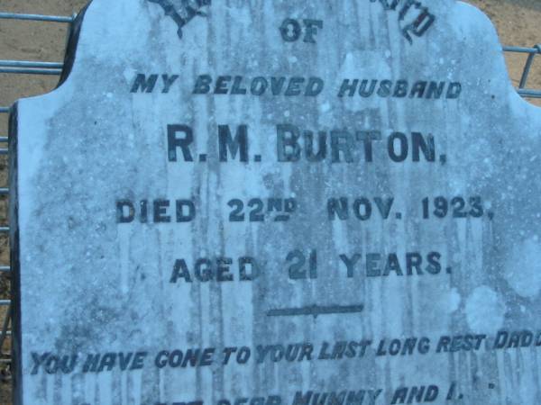 R M BURTON  | 22 Nov 1923, aged 21  | Wonglepong cemetery, Beaudesert  | 