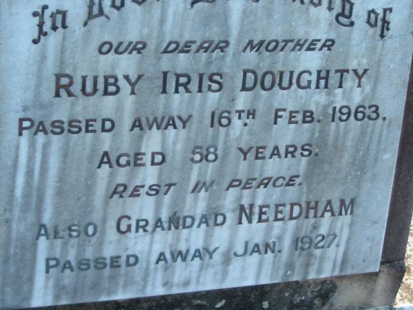 Ruby Iris DOUGHTY  | 16 Feb 1963, aged 58  | (grandad) NEEDHAM  | Jan 1927  | Wonglepong cemetery, Beaudesert  | 