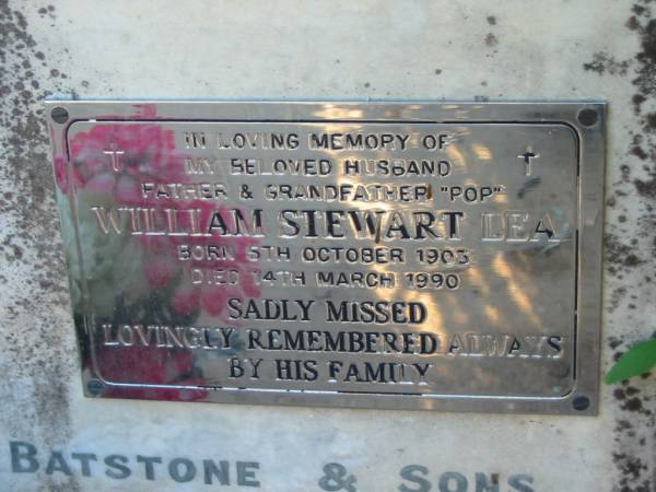 Emma REISER  | 8 Jun 1893, aged 48  | (daughter) Louisa  | 18 Apr 1898, aged 25  | George Edward LEA  | (son of Barry and Rose LEA)  | 26 Aug 1915, aged 17  |   | George Fredrick REISER  | d: 1920, aged 77  |   | Henry LEA  | Apr 1938, aged 84  |   | Rosina Emma LEA  | 31 Jul 1960, aged 92 years 11 months  |   | Clara Isabel DE BONO  | (eldest daughter of) Henry and Rosina LEA  | 20 Jul 1985, aged 95  |   | William Stewart LEA  | b: 5 Oct 1903, d: 14 Mar 1990  |   | Wonglepong cemetery, Beaudesert  |   | 