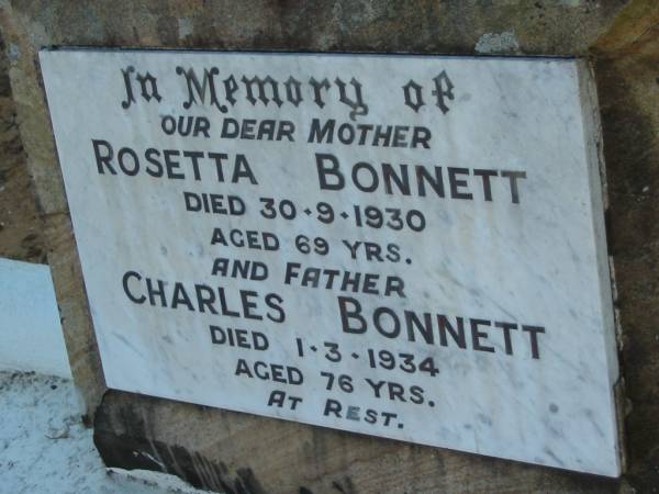 Rosetta BONNETT  | d: 30 Sep 1930, aged 69  | Charles BONNETT  | d: 1 Mar 1934, aged 76  | Wonglepong cemetery, Beaudesert  | 