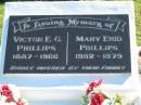 
Victor E.G. PHILLIPS,
1887 - 1966;
Mary Enid PHILLIPS,
1902 - 1979;
Woodford Cemetery, Caboolture
