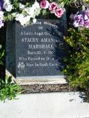 
Stacey Amanda MARSHALL,
born 23-3-1970 died 18-4-1979;
Woodford Cemetery, Caboolture
