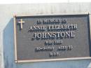 
Annie Elizabeth JOHNSTONE,
died 30-9-1915 aged 32 years;
Woodford Cemetery, Caboolture
