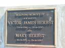 
parents;
Victor James HERBST,
23-4-1914 - 21-4-1990;
Mary HERBST,
16-8-1915 - 13-11-1967;
Woodford Cemetery, Caboolture
