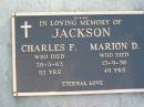 
JACKSON;
Charles F., died 28-5-62 aged 52 years;
Marion D., died 15-9-58 aged 49 years;
Woodford Cemetery, Caboolture
