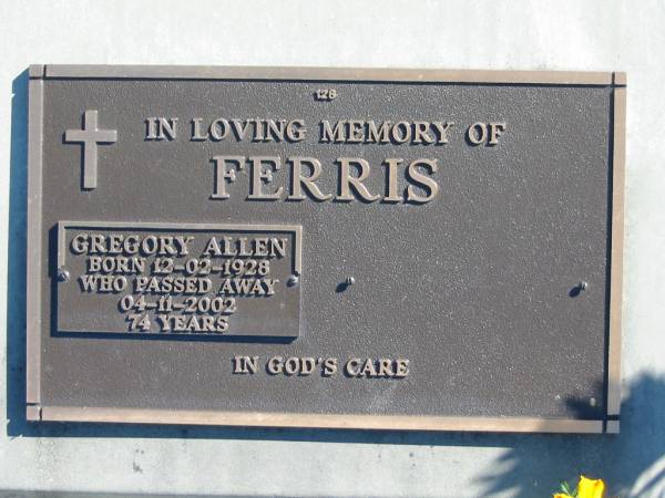 FERRIS, Gregory Allen,  | born 12-02-1928 died 04-11-2002, 74 years;  | Woodford Cemetery, Caboolture  | 