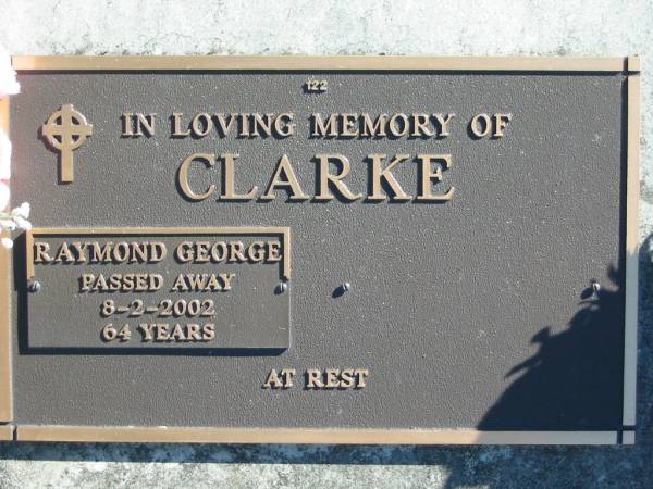 CLARKE, Raymond George,  | died 8-2-2002, 64 years;  | Woodford Cemetery, Caboolture  | 