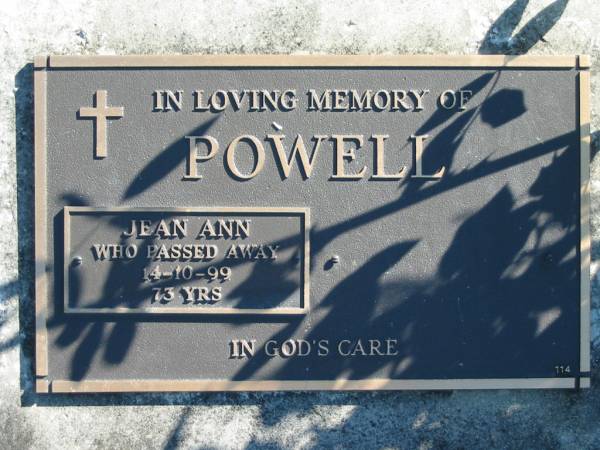 POWELL, Jean Ann,  | died 14-10-99 aged 73 years;  | Woodford Cemetery, Caboolture  | 