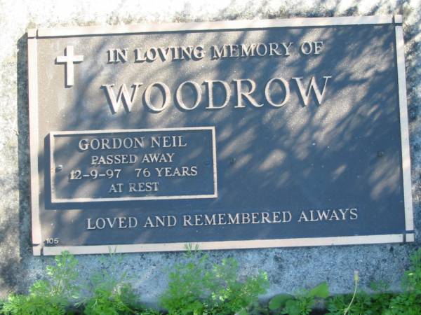 WOODROW, Gordon Neil,  | died 12-9-97, 76 years;  | Woodford Cemetery, Caboolture  | 
