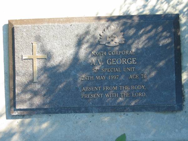 A.V. GEORGE,  | 28 May 1997 aged 76;  | Woodford Cemetery, Caboolture  | 