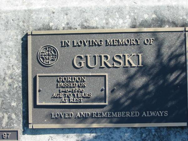 GURSKI, Gordon,  | died 1-6-1996 aged 70 years;  | Woodford Cemetery, Caboolture  | 