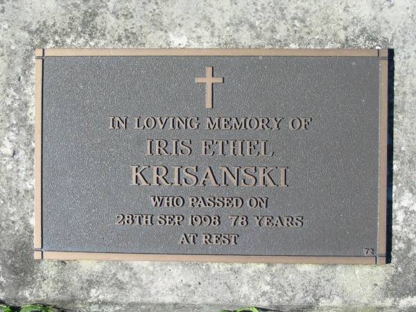 Iris Ethel KRISANSKI,  | died 28 Sept 1998, 78 years;  | Woodford Cemetery, Caboolture  | 