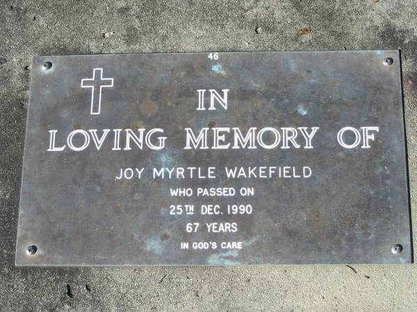 Joy Myrtle WAKEFIELD,  | died 26 Dec 1990, 67 years;  | Woodford Cemetery, Caboolture  | 