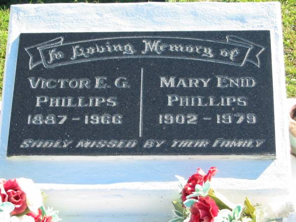 Victor E.G. PHILLIPS,  | 1887 - 1966;  | Mary Enid PHILLIPS,  | 1902 - 1979;  | Woodford Cemetery, Caboolture  | 