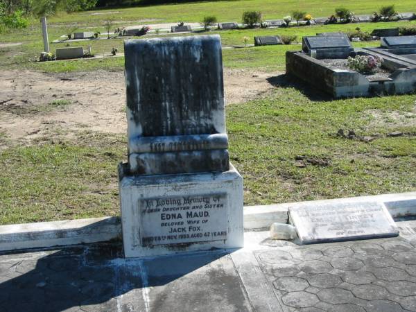 Percy TINNEY, husband father,  | died 18 April 1935 aged 67 years;  | Roy TINNEY, son brother,  | died 3 Jan 1944 aged 34 years;  | Edna Maud, wife of Jack FOX,  | daughter sister,  | died 28 Nov 1959 aged 42 years;  | Emily TINNEY, mother gran,  | died 4 Sept 1974 aged 92 years;  | Woodford Cemetery, Caboolture  | 