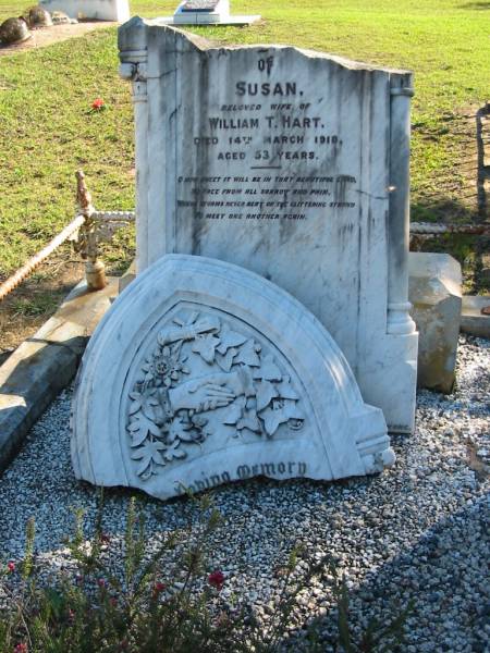 Susan, wife of William T. HART,  | died 14 March 1918 aged 53 years;  | Woodford Cemetery, Caboolture  | 