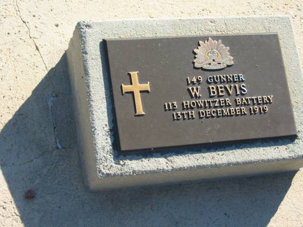 W. BEVIS,  | 13 Dec 1919;  | Woodford Cemetery, Caboolture  | 