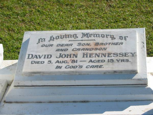 David John HENNESSEY,  | son brother grandson,  | died 5 Aug 81 aged 15 years;  | Woodford Cemetery, Caboolture  | 