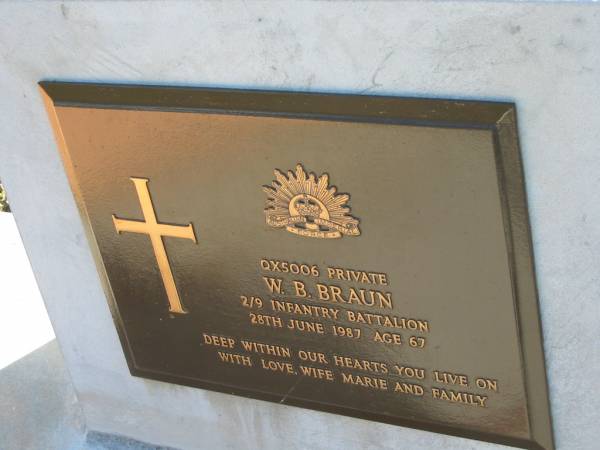 W.B. BRAUN,  | 28 June 1987 aged 67,  | wife Marie;  | Woodford Cemetery, Caboolture  | 