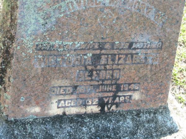 Victoria Elizabeth ALFORD, wife mother,  | died 16 June 1946 aged 62 years;  | Woodford Cemetery, Caboolture  | 