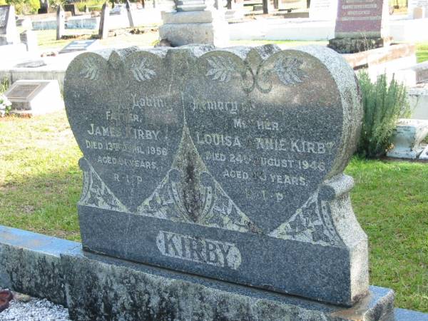James KIRBY, father,  | died 13 April 1956 aged 91 years;  | Louisa Annie KIRBY, mother,  | died 24 Aug 1946 aged 80 years;  | Woodford Cemetery, Caboolture  | 