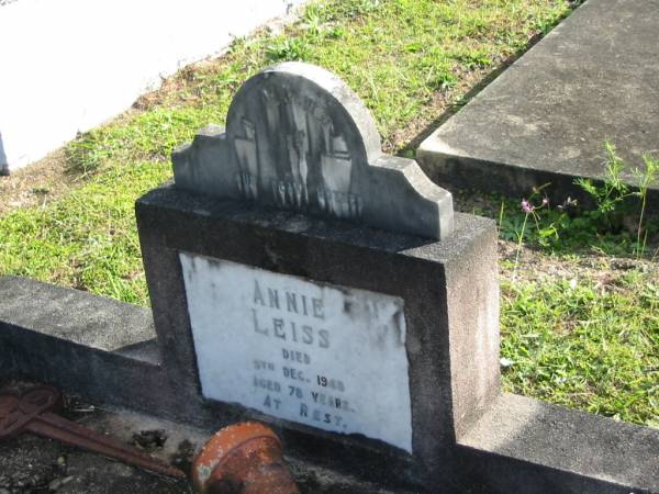 Annie LEISS,  | died 9 Dec 1940? aged 78 years;  | Woodford Cemetery, Caboolture  | 