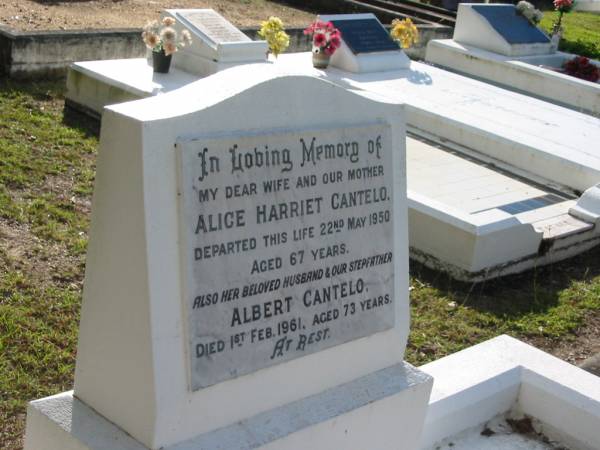 Alice Harriet CANTELO, wife mother,  | died 22 May 1950 aged 67 years;  | Albert CANTELO, husband step-father,  | died 1 Feb 1961 aged 73 years;  | Woodford Cemetery, Caboolture  | 