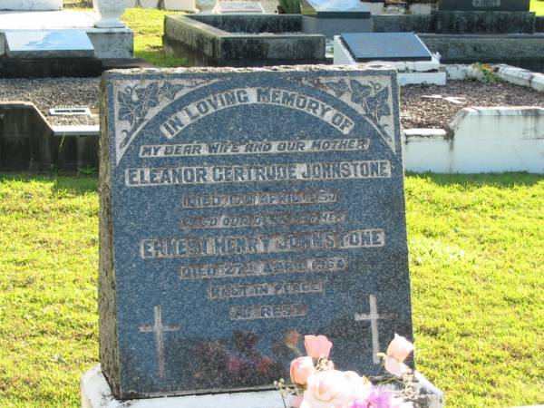 Eleanor Gertrude JOHNSTONE, wife mother,  | died 17 April 1957;  | Ernest Henry JOHNSTONE, father,  | died 27 April 1964;  | Woodford Cemetery, Caboolture  | 