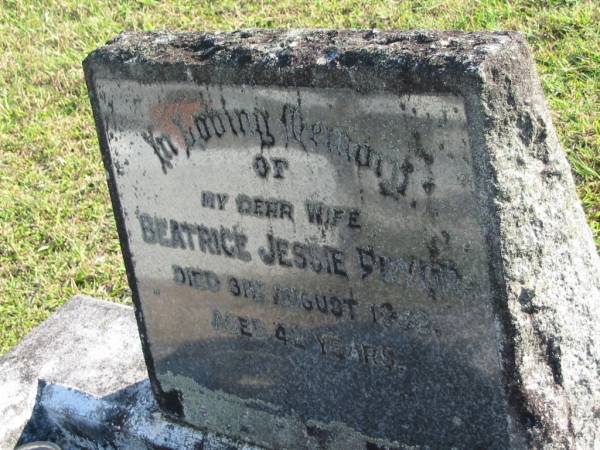 Beatrice Jessie PRYOR, wife,  | died 3 August 1952 aged 42 years;  | Woodford Cemetery, Caboolture  | 