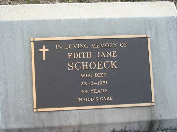 Edith Jane SCHOECK,  | died 23-3-1951 aged 64 years;  | Woodford Cemetery, Caboolture  | 