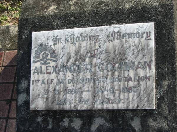 Alexander COCHRAN,  | 2-5-1892 - 14-9-1980;  | Woodford Cemetery, Caboolture  | 