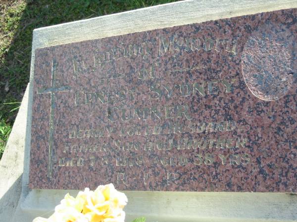 Ernest Sydney CUMNER,  | husband father son brother,  | died 7-8-1978 aged 38 years;  | Woodford Cemetery, Caboolture  | 