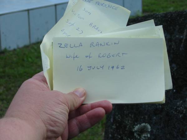 Zella RANKIN, wife of Robert,  | died 16 July 1962;  | Woodford Cemetery, Caboolture  | 