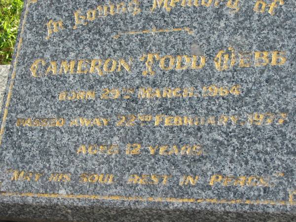 Cameron Todd WEBB,  | born 29 March 1964 died 22 Feb 1977 aged 13 years;  | Woodford Cemetery, Caboolture  | 