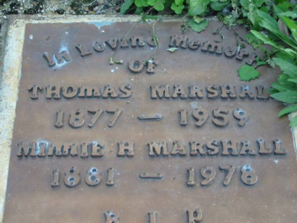Thomas MARSHALL,  | 1877 - 1959;  | Minnie H. MARSHALL,  | 1881 - 1978;  | Woodford Cemetery, Caboolture  | 