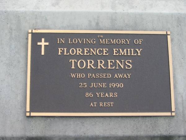 Florence Emily TORRENS,  | died 25 June 1990 aged 86 years;  | Woodford Cemetery, Caboolture  | 