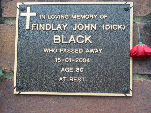 Findlay John (Dick) BLACK,  | died 15-1-2004 aged 80;  | Woodford Cemetery, Caboolture  | 