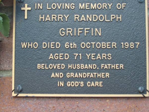 Harry Randolph GRIFFIN,  | husband father grandfather,  | died 6 Oct 1987 aged 71 years;  | Woodford Cemetery, Caboolture  | 