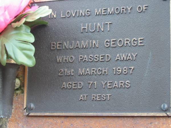 Benjamin George HUNT,  | died 21 March 1987 aged 71 years;  | Woodford Cemetery, Caboolture  | 