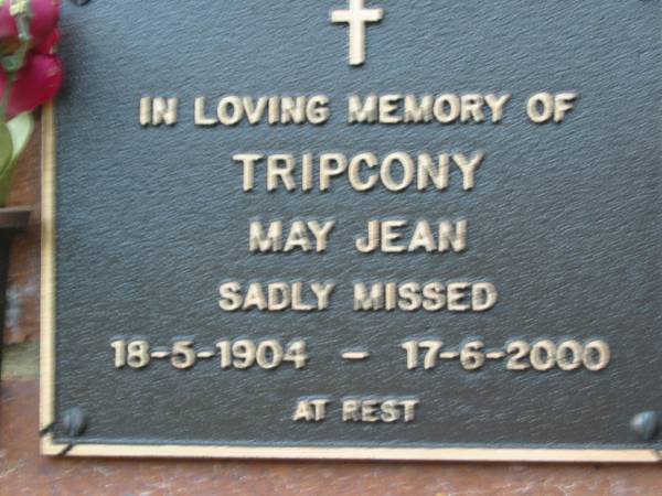 May Jean TRIPCONI,  | 18-5-1904 - 17-6-2000;  | Woodford Cemetery, Caboolture  | 