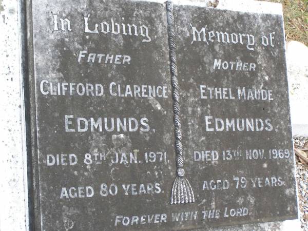Clifford Clarence EDMUNDS  | d: 8 Jan 1971 aged 80  | Ethel Maude EDMUNDS  | 13 Nov 1969, aged 79  | Woodhill cemetery (Veresdale), Beaudesert shire  |   | 